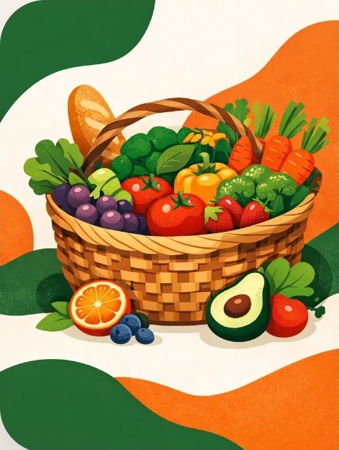 Cesta de mimbre con frutas y verduras variadas de temporada