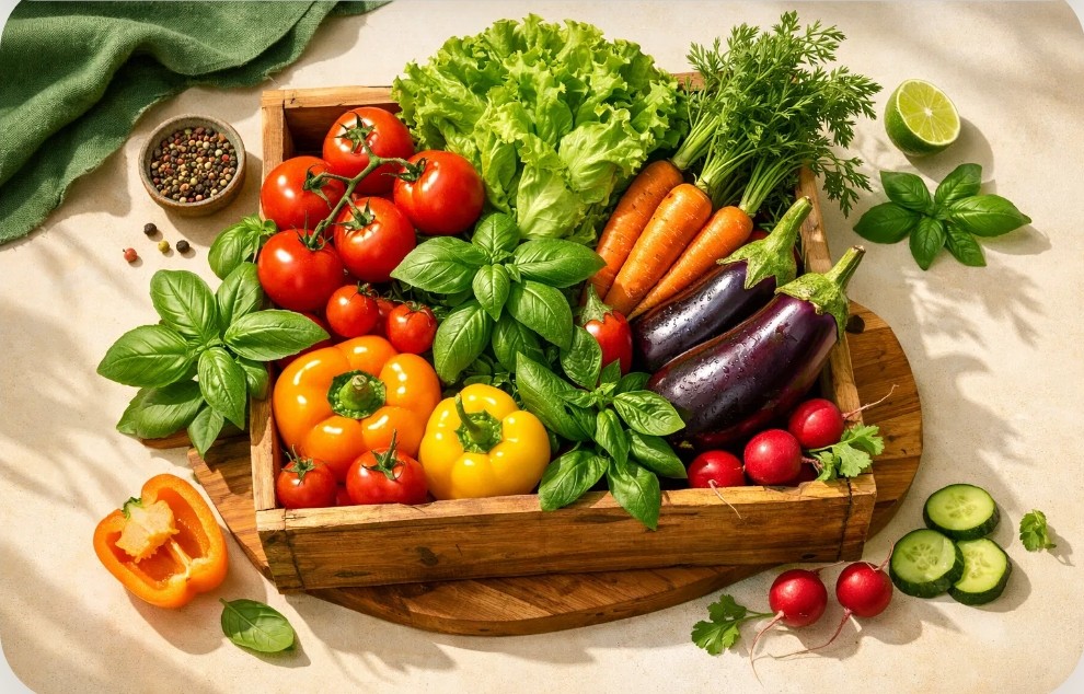 Caja de madera con frutas y verduras frescas de temporada listas para reparto