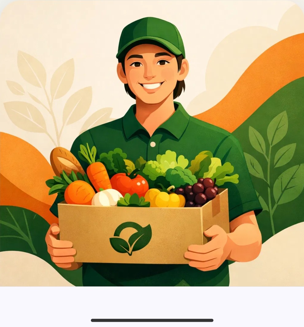 Repartidor de HortiFruta con una caja de frutas y verduras frescas lista para entregar